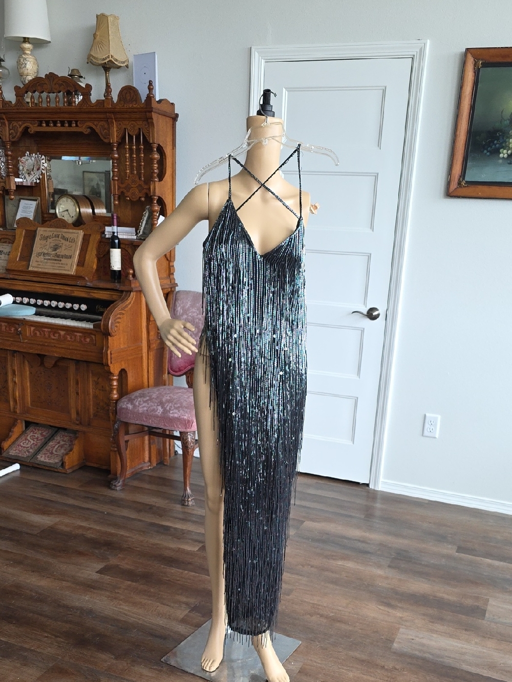 Black Beaded And Sequined Fringe Evening Dress with Crisscross Straps